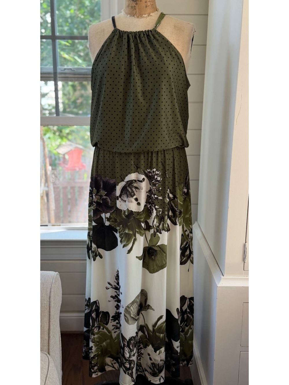 Lily by Firmiana NWT Olive/Cream Floral Blouson Boho Maxi Halter Dress Women XL
